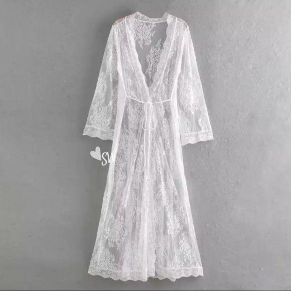 White Maxi Kimono Beach Cover Up Lace Duster - Picture 3 of 5